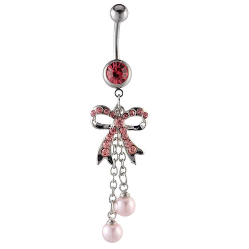 Bauchnabelpiercing silberfarben Schleife rosa Kugeln Anhänger Edelstahl - chic - net.de