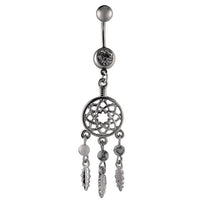 Cargar imagen en el visor de la galería, Bauchnabelpiercing silberfarben Traumfänger Federn weiß zwei Kugeln Edelstahl - chic - net.de
