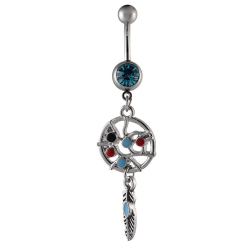 Bauchnabelpiercing silberfarben zwei Kugeln Traumfänger bunt Feder Edelstahl - chic - net.de
