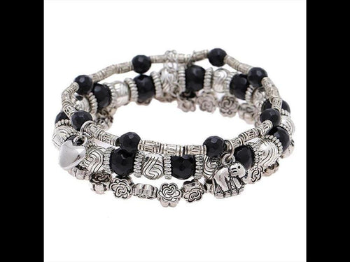 Brass Armband silbern dreilagig Elefant Herz Rosen schwarz Steinperlen verstellbar - chic - net.de