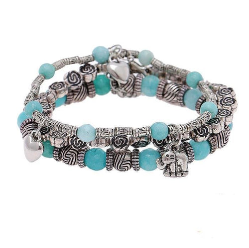 Brass Armband silbern dreilagig Elefant Herz Rosen türkis Steinperlen verstellbar - chic - net.de