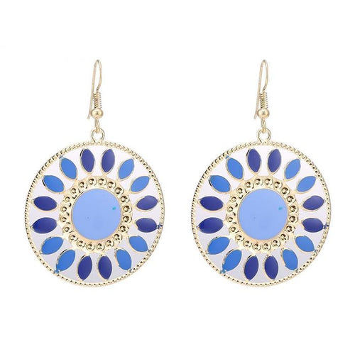Brass Blume Rad golden Ohrringe Emaille blau dunkelblau rund Ohrhänger 4 cm - chic - net.de
