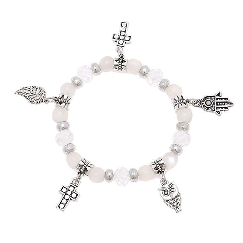 Brass Charm Armband silbern weiß Kristall Stein Perlen Kreuz Khamsa Blatt verstellbar - chic - net.de