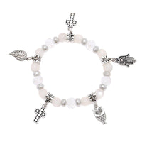 Load image into Gallery viewer, Brass Charm Armband silbern weiß Kristall Stein Perlen Kreuz Khamsa Blatt verstellbar - chic - net.de
