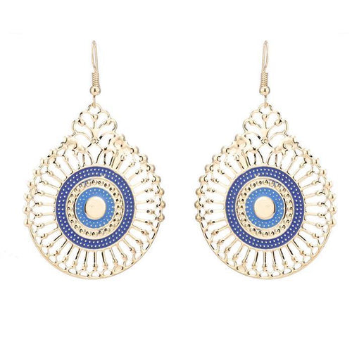 Brass golden blaue Ohrringe Emaille filigran Tropfen Rad Ohrhänger 5 cm - chic - net.de