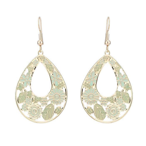 Brass golden grüne Ohrringe Emaille Tropfen Creolen Blumen 4 cm - chic - net.de