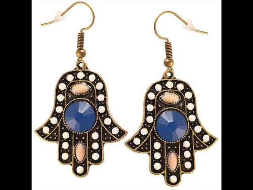 Brass golden Hamsa Khamsa Ohrringe blau weiß rosa Steine facettiert 30x35 mm - chic - net.de