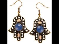 Load image into Gallery viewer, Brass golden Hamsa Khamsa Ohrringe blau weiß rosa Steine facettiert 30x35 mm - chic - net.de
