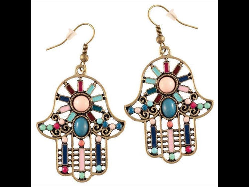 Brass golden Khamsa Ohrringe Sonne Emaille Streifen Steine bunt rosa türkis - chic - net.de