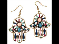 Load image into Gallery viewer, Brass golden Khamsa Ohrringe Sonne Emaille Streifen Steine bunt rosa türkis - chic - net.de
