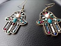 Load image into Gallery viewer, Brass golden Khamsa Ohrringe Sonne Emaille Streifen Steine bunt rosa türkis - chic - net.de
