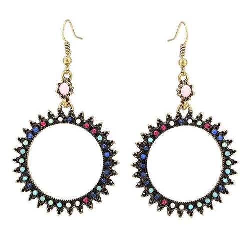 Brass golden Ohrringe Zacken Ring Steine rosa bunt facettiert 50 mm - chic - net.de