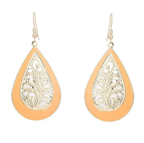 Brass golden orange Ohrringe Emaille Tropfen Farn verziert gewölbt 5 cm - chic - net.de