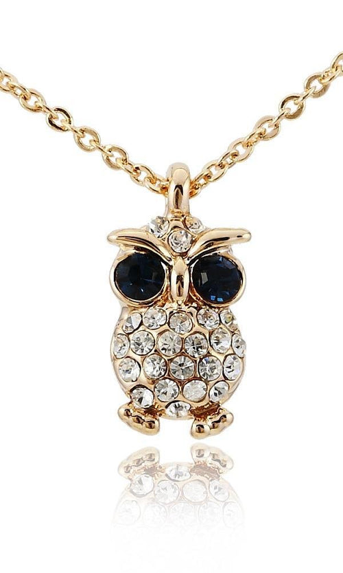 Brass Kette Eule nickelfrei Glaskristalle dunkelblau weiß gold 38 - 41cm Karabiner - chic - net.de