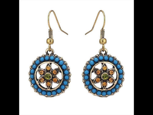 Brass Ohrringe golden anitk rund Kreis Steine Blau Blume orange grün - chic - net.de