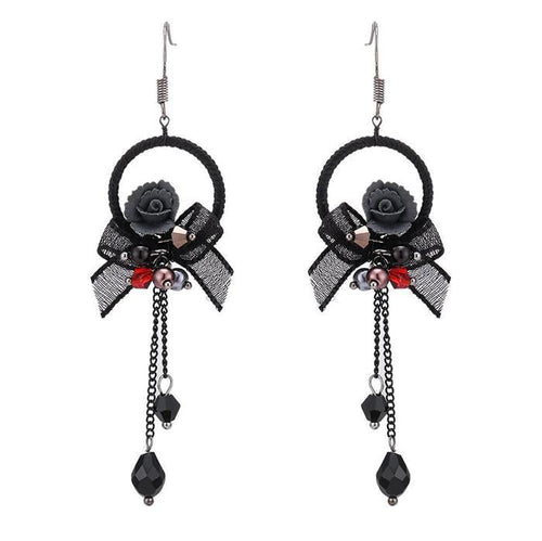 Brass Ohrringe silberfarben Kreis Stoff schwarz Blume Perlen Anhänger - chic - net.de