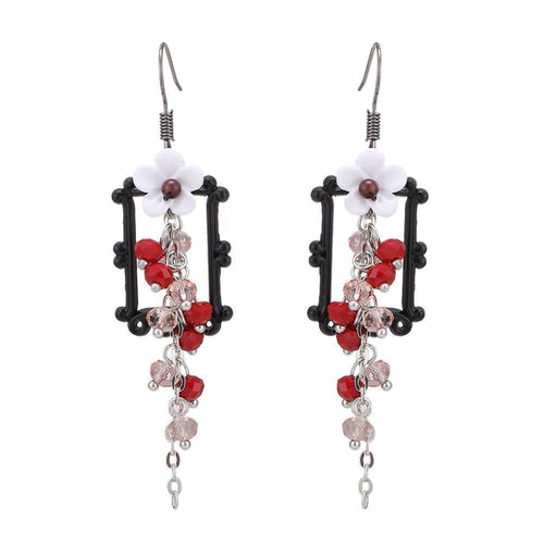 Brass Ohrringe silberfarben Rahmen schwarz Rechteck Schnörkel Blumen weiß Steine facettiert rot - chic - net.de