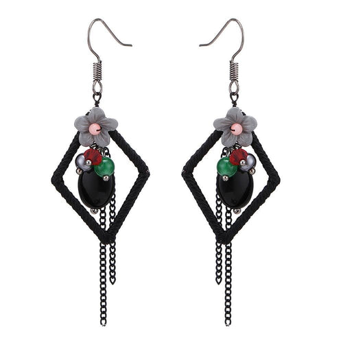 Brass Ohrringe silberfarben Raute Stoff schwarz Steine Blume grau rosa - chic - net.de