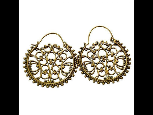 Brass Ohrringe Tribal Zackenrand rund Pfau Spiralbögen antik golden Messing - chic - net.de