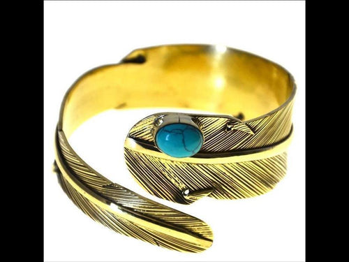 breiter Messing gold Armreif als Feder mit Türkis - chic - net.de