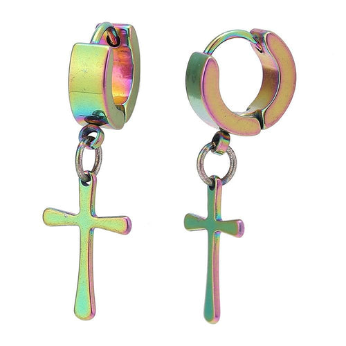 Edelstahl Creolen Ohrring Expander Klippverschluss Regenbogenfarben Kreuz Anhänger - chic - net.de