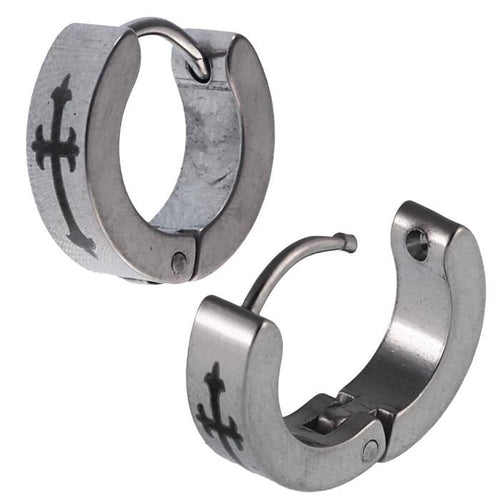 Edelstahl Creolen Ohrring silberfarben Klippverschluss Kreuz schwarz - chic - net.de