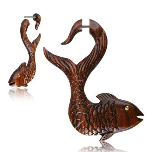 Fake Holz Piercing Narra Wood Koi Fisch Brass Auge Edelstahl Ohrstecker Organic Tribal - chic - net.de