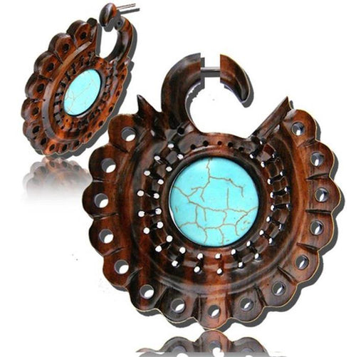 Fake Holz Piercing Narra Wood Türkis Inlay Rad Edelstahl Ohrstecker Organic Tribal - chic - net.de