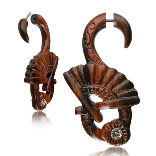Fake Holz Piercing Narraholz Blume Fächer Edelstahl Steel Inlay Ohrstecker Organic Tribal - chic - net.de