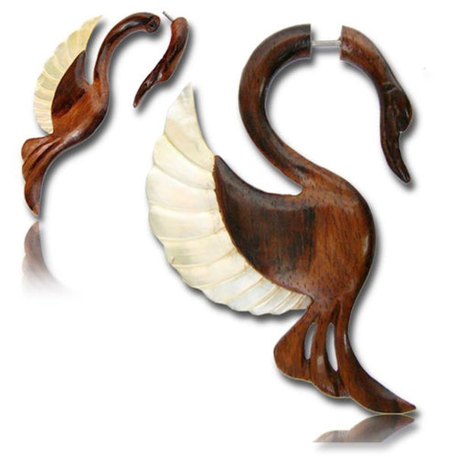 Fake Holz Piercing Perlmutt Narra Wood Schwan Edelstahl Ohrstecker Organic Tribal - chic - net.de