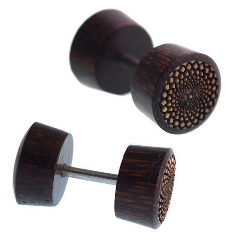 Fake Holz Plug Piercing dunkelbraun Inlay hell Mandala Gravur - chic - net.de
