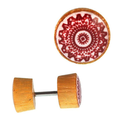 Fake Holz Plug Piercing Resin Mandala Inlay Jackfrucht rot Edelstahl unisex - chic - net.de