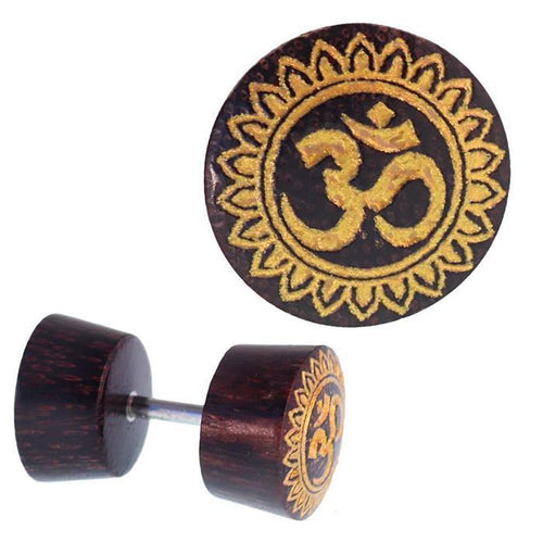 Fake Holz Plug Tamarinde dunkelbraun Maserungen OM - Zeichen Blume Rand golden Piercing - chic - net.de