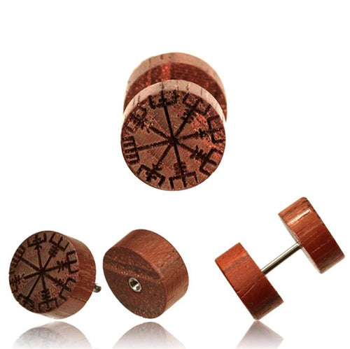 Fake Holzplug Vegvisir Plug Piercing Edelstahl Holz Gravur Wikinger Kompass - chic - net.de