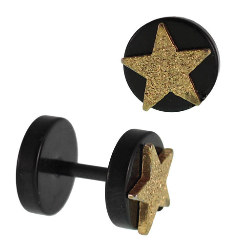 Fake Piercing Expander schwarz golden glitzerner Stern Schaubverschluss Edelstahl - chic - net.de