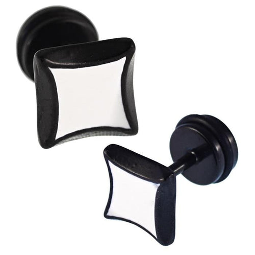 Fake Piercing Expander schwarz Quadrat mit weißem Quadrat Schaubverschluss Edelstahl - chic - net.de