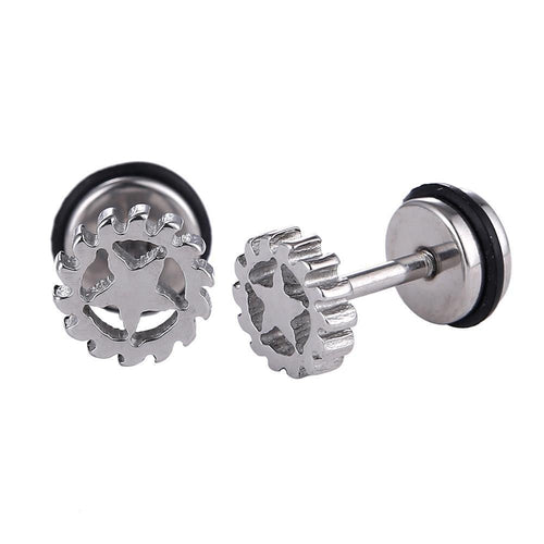 Fake Piercing Expander silberfarben Zahnrad mit Stern Schaubverschluss Edelstahl - chic - net.de
