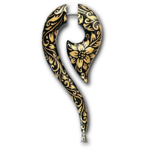 Fake Piercing Holz Beil Fragezeichen Plug nickelfrei schwarz gold Blumen Ohrstecker - chic - net.de