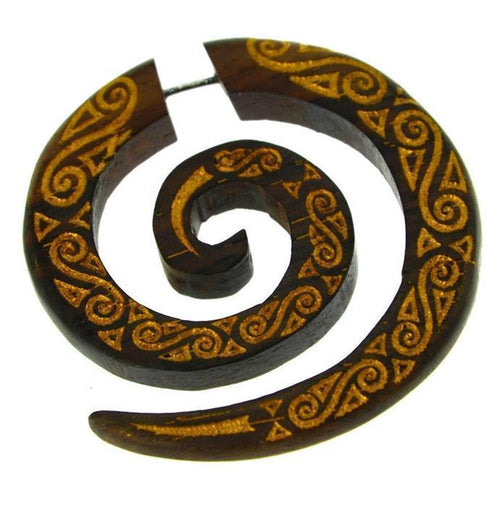 Fake Piercing Ohrring Holz Spirale verziert gold bemalt - chic - net.de