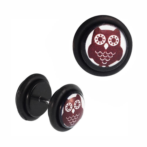 Fake Piercing Plug braune Eule große Augen weißer Hintergrund Acryl Gummiring 7 mm - chic - net.de