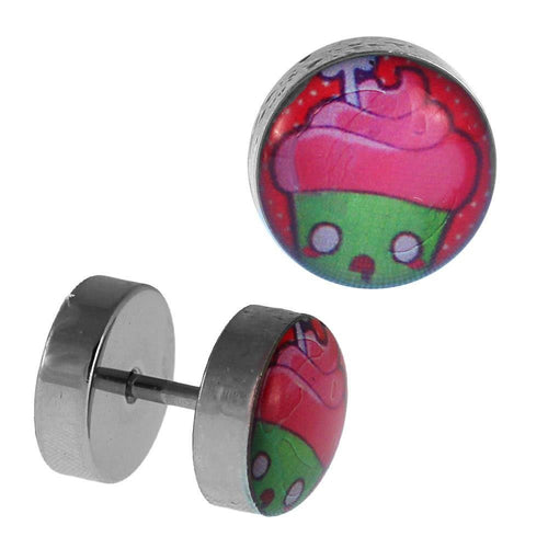 Fake Piercing Plug Edelstahl Cupcake pink grün mit Augen 10 mm - chic - net.de