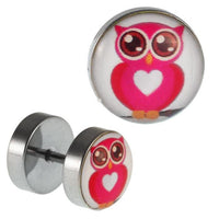 Load image into Gallery viewer, Fake Piercing Plug Edelstahl Eule große Augen pink rosa Herz 10 mm - chic - net.de
