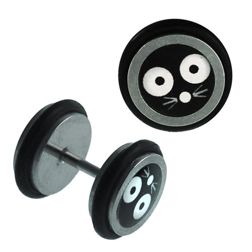 Fake Piercing Plug Edelstahl große Augen Schnurrhaare schwarz Gummiring 7 mm - chic - net.de