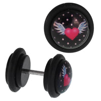 Load image into Gallery viewer, Fake Piercing Plug Herz pink weiße Flügel Punkte Hintergrund schwarz Gummiring 7 mm - chic - net.de

