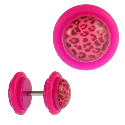Fake Piercing Plug pink Leoparden Fell schwarz Pink Gummiring 7 mm - chic - net.de