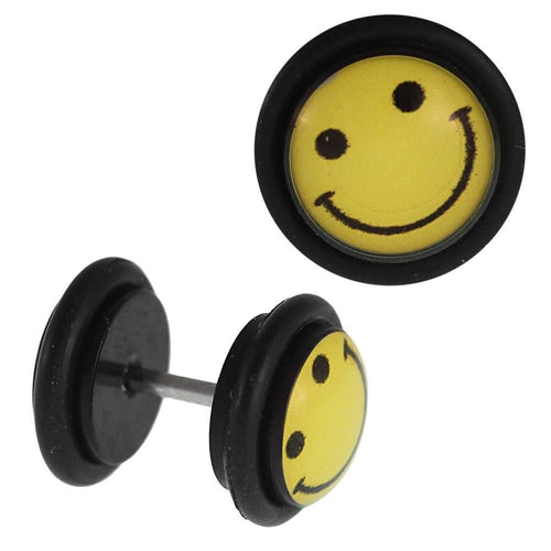 Fake Piercing Plug schwarz Gesicht Smiley lachend gelb Gummiring 7 mm - chic - net.de