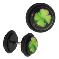 Load image into Gallery viewer, Fake Piercing Plug schwarz Glücksklee Vier Blättrig grün Gummiring 7 mm - chic - net.de
