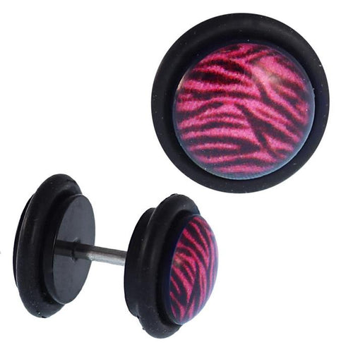 Fake Piercing Plug schwarz Leoparden Fell pink schwarz Gummiring 7 mm - chic - net.de