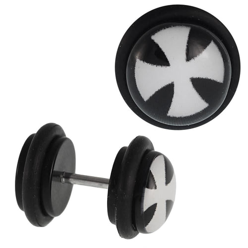 Fake Piercing Plug schwarz + Zeichen weiß halbrunde Enden Gummiring 7 mm - chic - net.de
