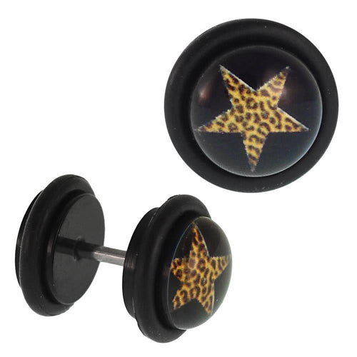 Fake Piercing Plug Stern gelb Leoparden Fell Muster schwarz Gummiring 7 mm - chic - net.de